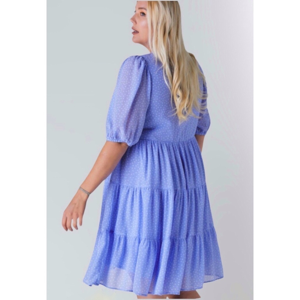 Davi & Dani Blue Polka Dot V Neck Short Sleeve Tiered Midi Dress - Picture 4 of 9